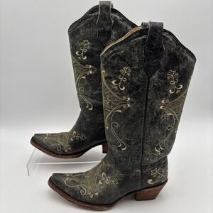Circle G Cowboy Boots Corral Embroidered Womens 7M Distressed Mexico Gray Green